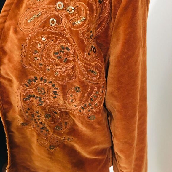 CHICO'S Boho Rust Velvet Cropped Beaded Embroidered Paisley Jacket 1 Small - Picture 6 of 8